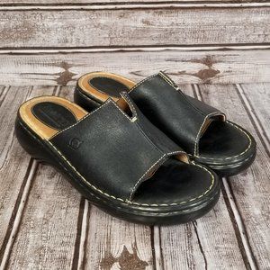 BORN Women's 8 Slip On Black Leather Sandals Slides Shoes EUC